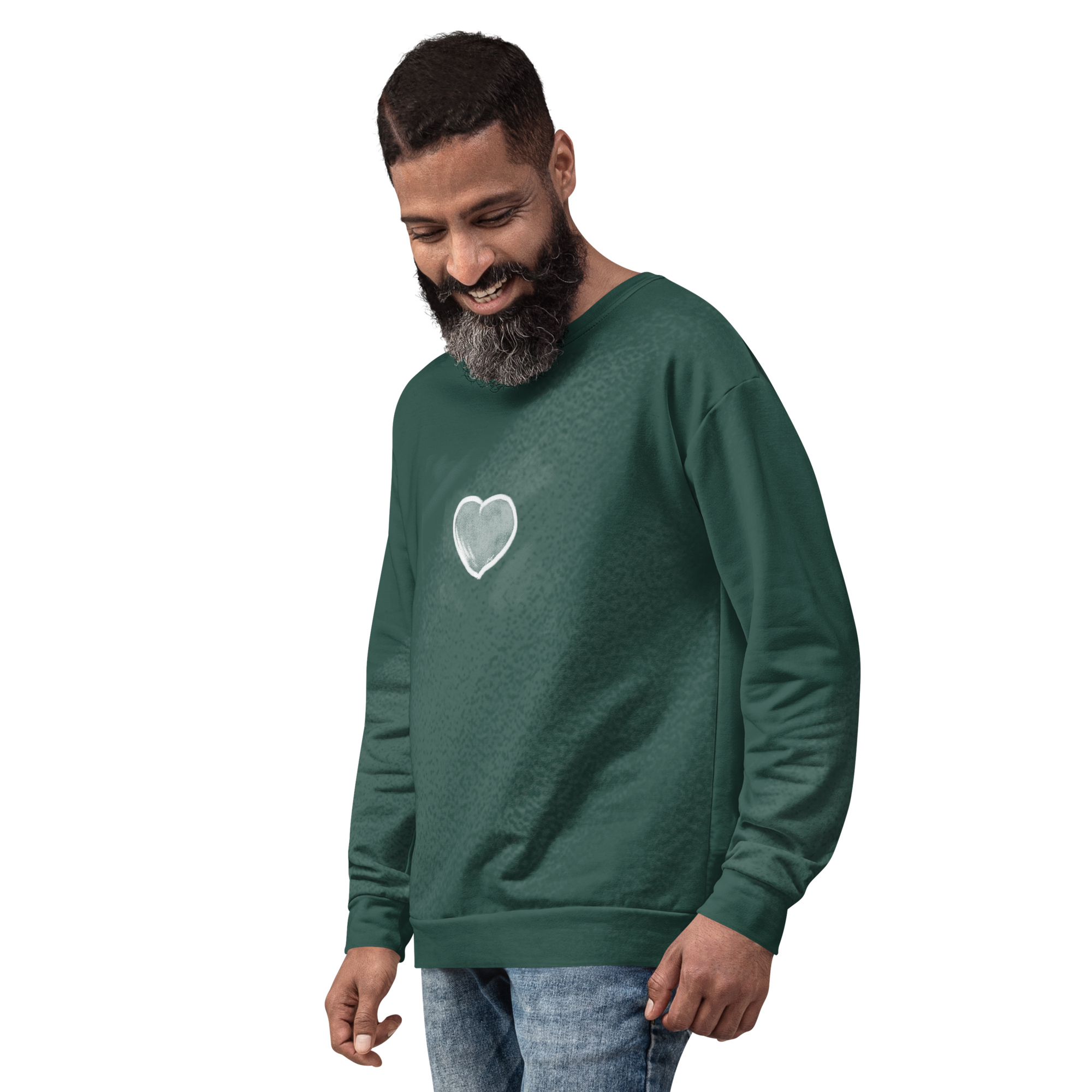 image of all-over sweatshirt with 'Shape of My Heart' printed on it